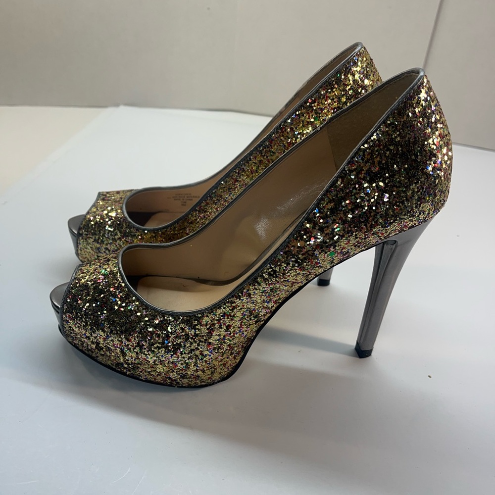 Nine West Open Toe Pumps High Heel Silver Sequin Party Shoes Gold Heels Size 8